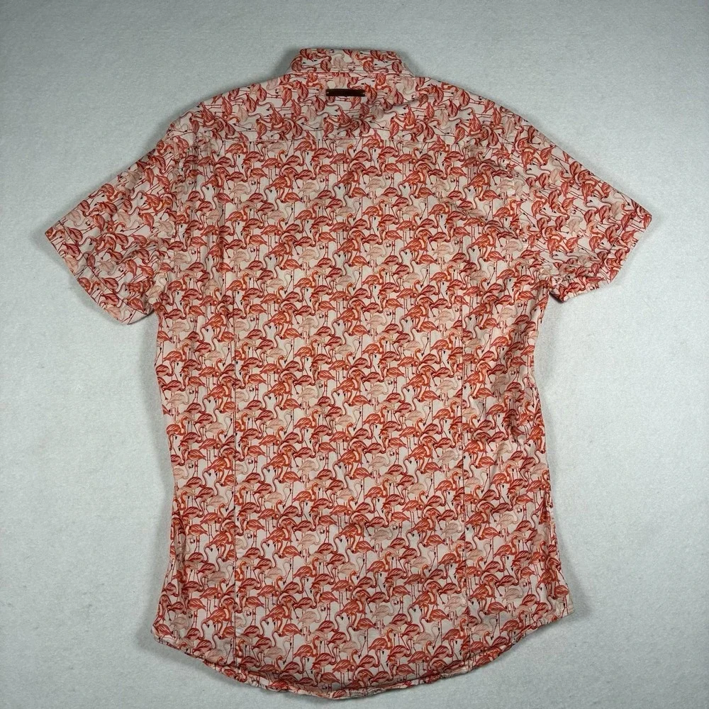 A Fish Named Fred Mens L Pink Flamingo AOP Short Sleeve Stretch Button Up Shirt